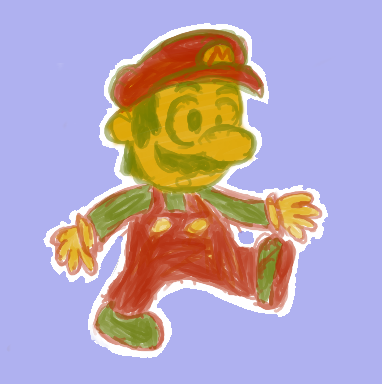 Small sketch of Mario, a moustached man wearing a red hat and overalls, using only 3 colours to replicate the palette used in the original Super Mario Bros.
